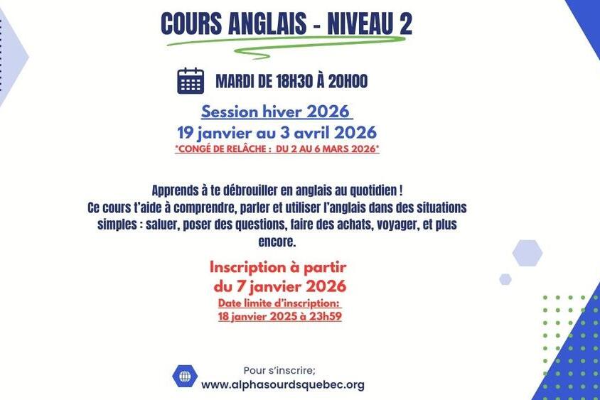 Cours Anglais - Niveau 2 (Soir)