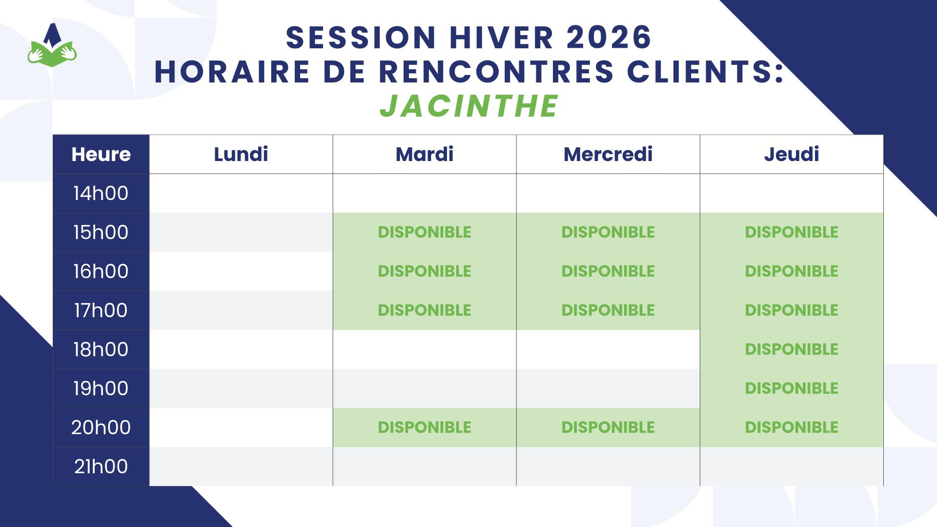 Rencontres individuelles et cours adaptés - Horaire de soir 